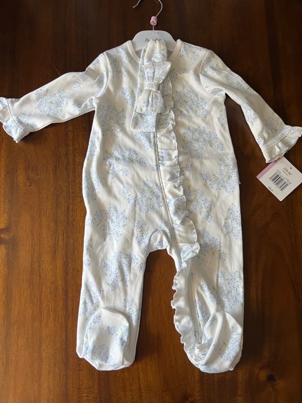 Little Me Baby White and Light Blue Floral Ruffle Footed One-Piece
